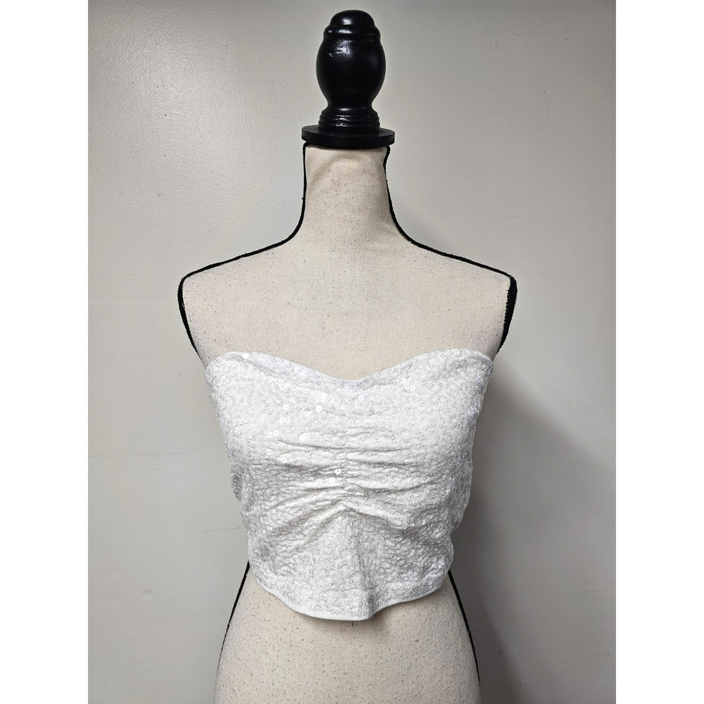 Express Sexy Stretch White Sequin Tube Top Sz L Built In Bra Coquette Cropped
